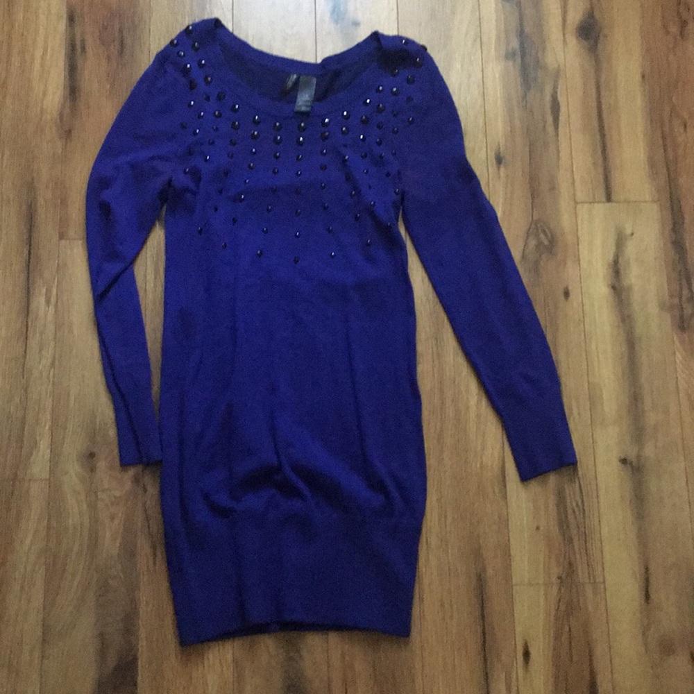 Blue sweater dress with black beading